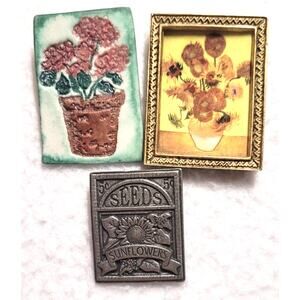 3 Pc Vtg Brooch Pin Lot Framed Basket Flowers Gardencore Cottagecore Cabincore